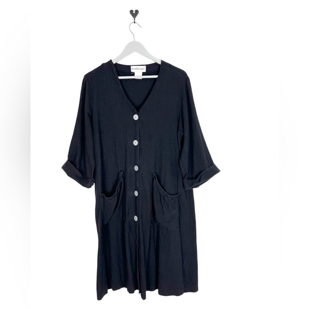 Vintage tunic shirt jacket Size L lagenlook Black smock 3/4 sleeve